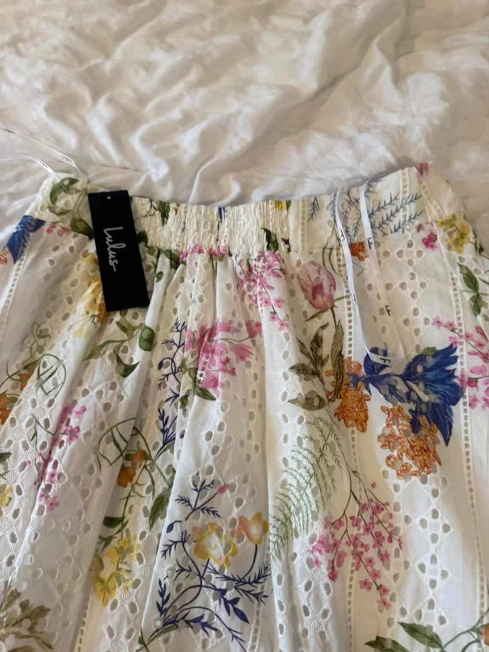 Lulu's White A-Line Eyelet Skirt with Pink, Blue & Yellow Floral Print - Picture 4 of 5